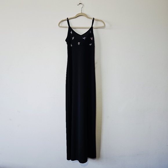 Vintage Y2K Smart Set Floral Slip Dress Size S Maxi Black V Neck Spaghetti Strap - Picture 2 of 5